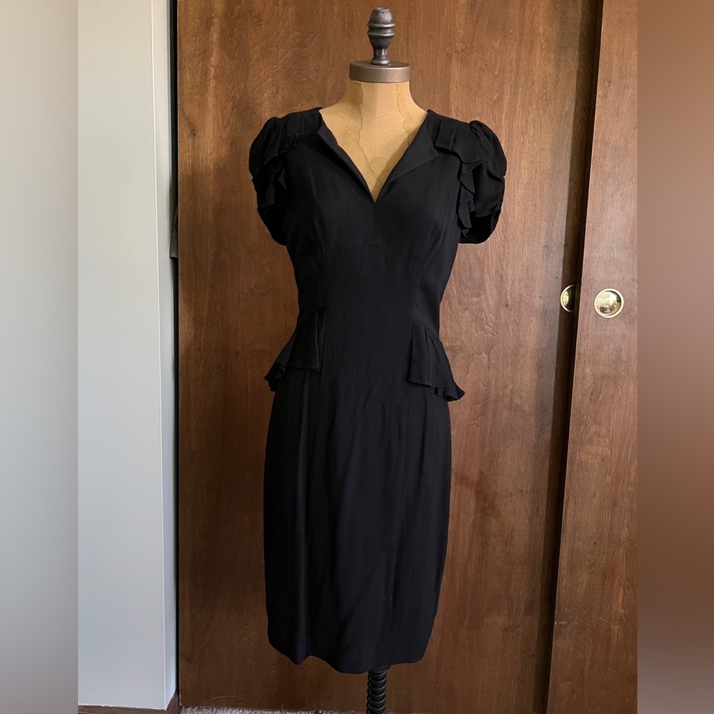 Fitted Rebecca Taylor dress with subtle ruffle details and slight puff sleeve